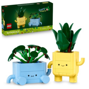 LEGO Botanicals Happy Plants, schattige bouwset met twee kleurrijke plantenfiguren, geel en blauw, voor decoratie.