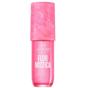 Roze fles Sol de Janeiro Flor Mistica parfum mist met stijlvolle verpakking.