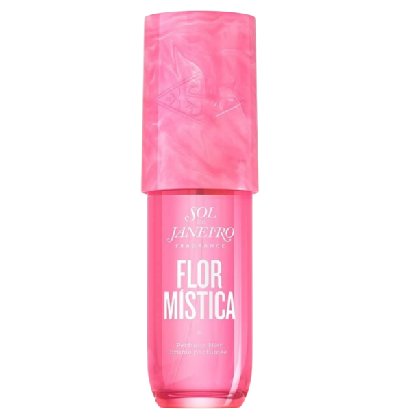 Roze fles Sol de Janeiro Flor Mistica parfum mist met stijlvolle verpakking.