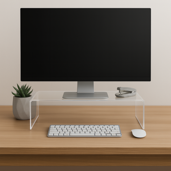 Moderne werkplek met computermonitor, toetsenbord, muis en planten op een bureau. Stijlvolle en georganiseerde opstelling.