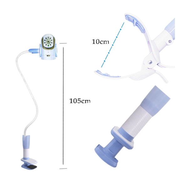 Verstelbare blauw-witte flexibele telefoonhouder met 105cm lengte en 10cm klem, ideaal voor handsfree gebruik.