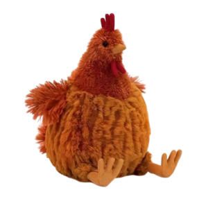 Pluchen kip knuffel met bruin, pluizig uiterlijk en grappige houding, perfect voor kinderen en verzamelaars.