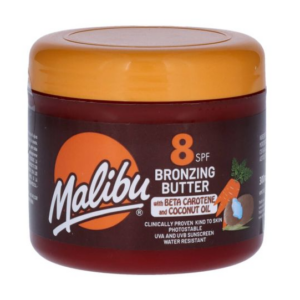 Malibu bronzing butter SPF 8 met beta-caroteen en kokosolie, waterbestendig, voor een natuurlijke bruining.