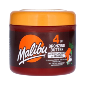 Malibu bronzing butter met SPF 4, bètacaroteen en arganolie voor een zonnebruine huid. Waterbestendig zonneproduct.