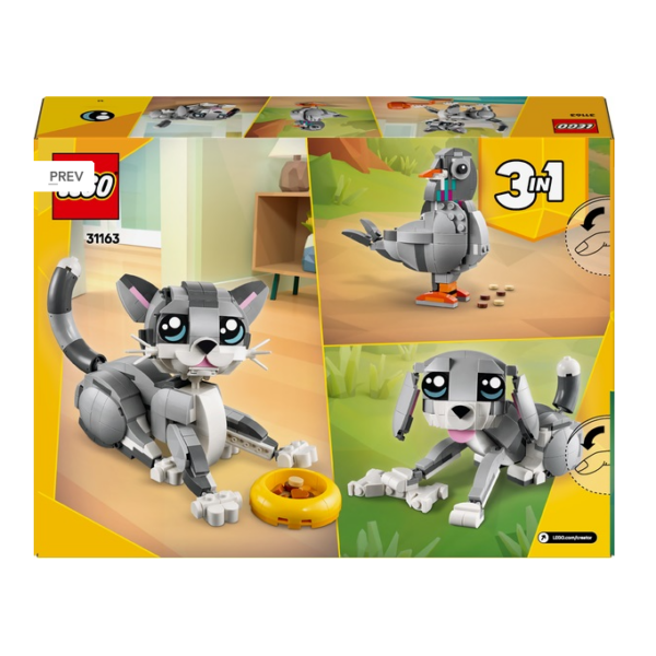 LEGO 3-in-1 bouwset: kat, duif en hond om te bouwen voor creatief speelplezier.