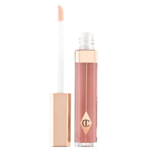 Rozige lipgloss met gouden dop en applicator, perfect voor een glanzende finish.