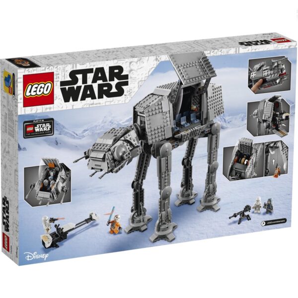 Lego Star Wars AT-AT bouwset op sneeuwachtergrond met minifiguren, ideaal cadeau voor Star Wars fans en verzamelaars.