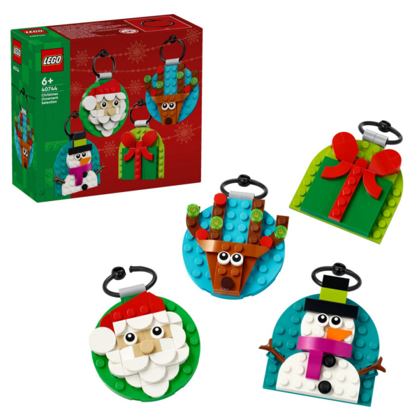 LEGO kerstdecoraties set met bouwbare figuren van de kerstman, rendier, sneeuwpop en cadeau, doos inbegrepen.