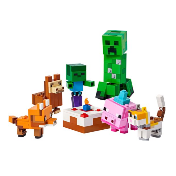 Minecraft LEGO-figuren rond een verjaardagstaart met een kaars, inclusief dieren en een Creeper, vierend en kleurrijk.