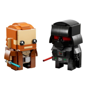 Lego Star Wars figuren met lichtenwerpers op witte achtergrond. Fantasie-personages in bouwstenen-stijl.