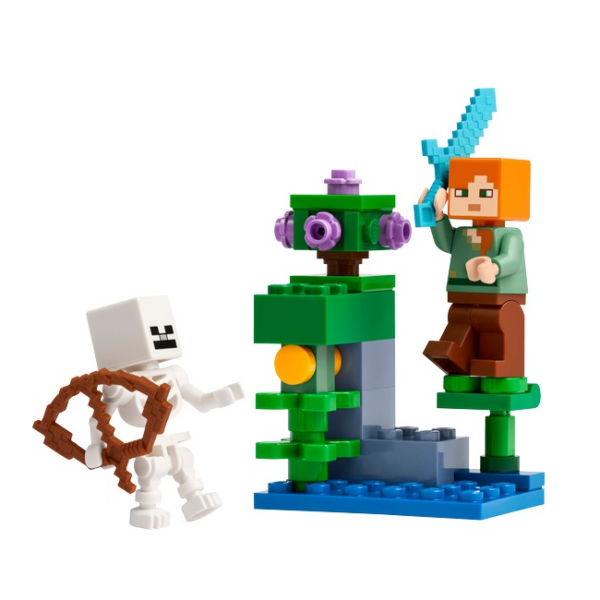 LEGO figuren in actie: Personages in kleurrijk bloklandschap. Perfect voor Minecraft en LEGO-fans.