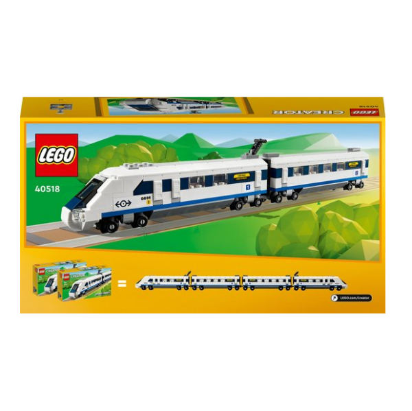 LEGO 40518 Passagierstrein set met treinen en landschap op de doos, voor bouwplezier en creativiteit.