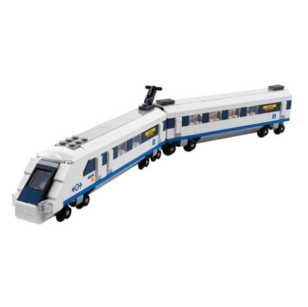 Lego hogesnelheidstrein model met blauwe en witte kleuren, zijaanzicht met twee wagons.