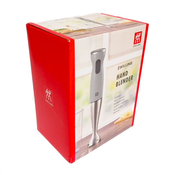 Rode doos met afbeelding en logo van Zwilling staafmixer, ideaal voor sauzen en smoothies.