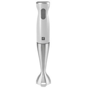 Witte staafmixer met roestvrijstalen voet, ideaal voor pureren en mixen in de keuken.