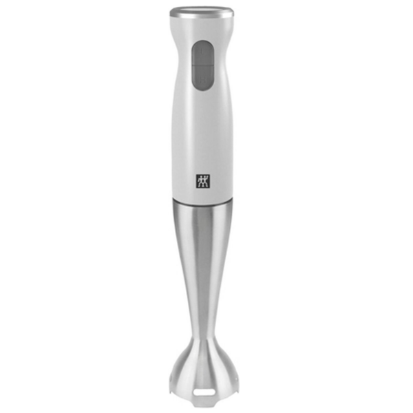 Witte staafmixer met roestvrijstalen voet, ideaal voor pureren en mixen in de keuken.