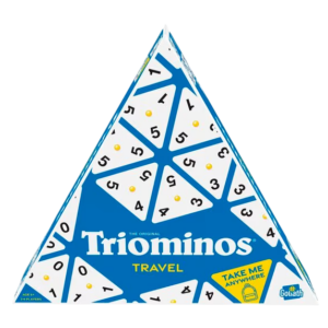 Triominos Travel bordspel in driehoekige doos, ideaal voor onderweg. Geschikt voor 2-4 spelers vanaf 6 jaar.