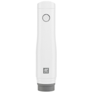 Elektrische wijnopener in wit met een ronde aan/uit-knop en merklogo, geschikt voor eenvoudig ontkurken van flessen.