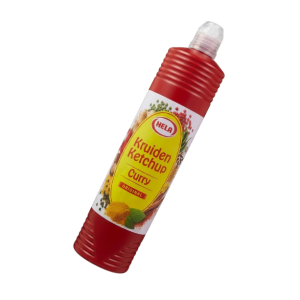 Hela Kruiden Ketchup Curry in een handige fles, perfect voor het verbeteren van je gerechten met een pittige smaak.