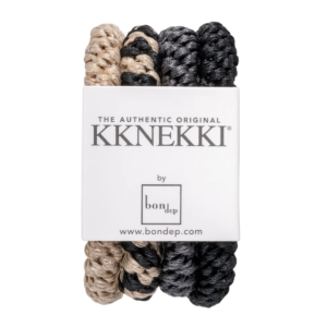 Drie elastische haarbanden KKnekki in beige en zwart van Bon Dep, geschikt voor alle haartypes.
