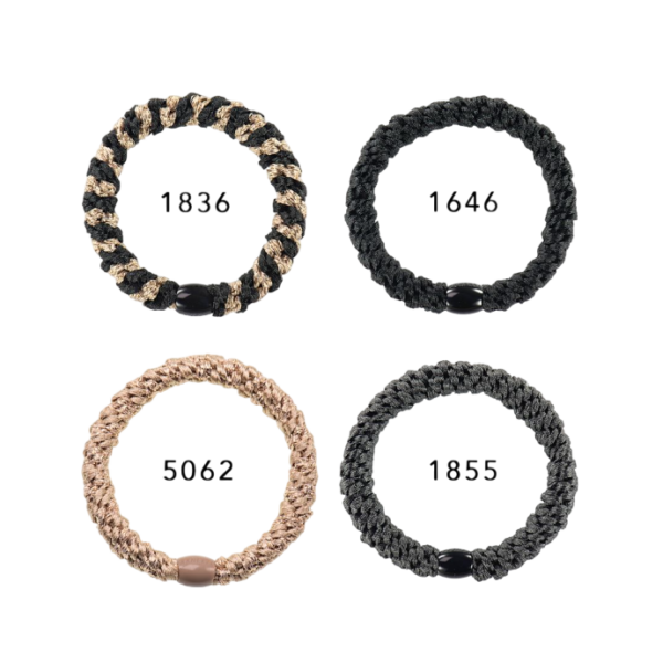 Vier elastische haarbanden in verschillende kleuren, genummerd: 1836, 1646, 5062, 1855. Ideaal voor stijlvol haar.