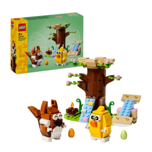 LEGO Pasen speelgoedset met boom, eekhoorn en kuiken figuren, inclusief doos met leeftijdsadvies 8+.