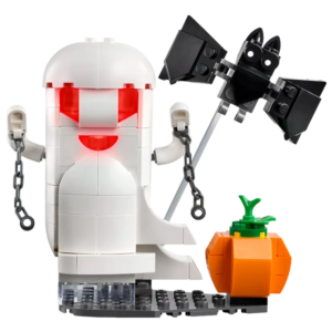 LEGO spookdecoratie met vleermuis en pompoen voor Halloween, verlicht met rode ogen.