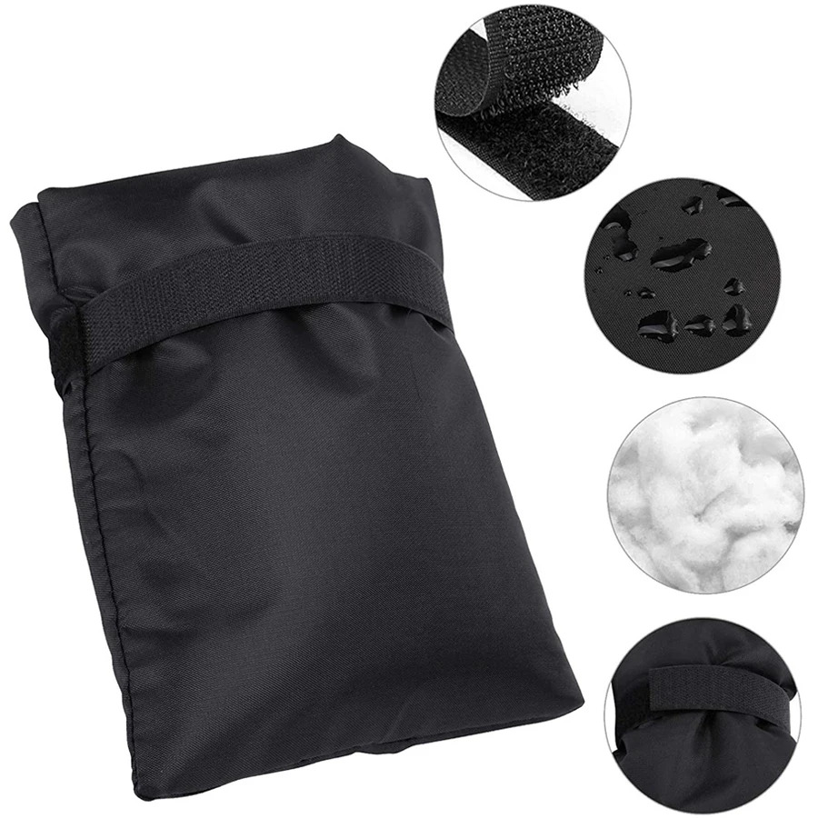 Zwarte waterdichte gewichtsverzwarer met klittenband en zachte vulling, geschikt voor verschillende outdoor activiteiten.