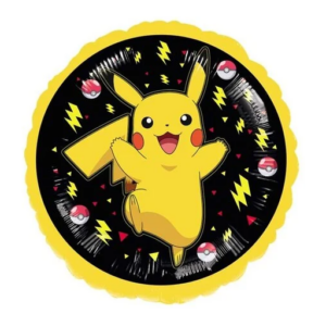 Blije Pikachu met bliksemschichten en Poké Balls op een zwarte achtergrond. Perfect voor Pokémon-feesten!