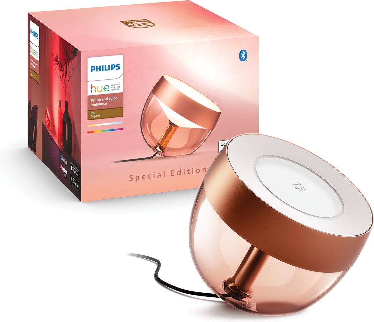 Philips Hue Iris Koper Special Edition tafellamp en verpakking, slimme verlichting voor sfeervolle verlichting.