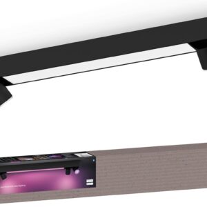 Zwarte slimme plafondlamp met verstelbare spots en verpakking, voor personaliseerbare sfeerverlichting in huis.
