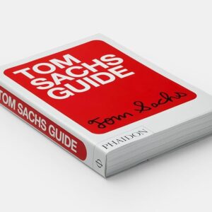 Omslag van Tom Sachs Guide boek, witte achtergrond, rode en witte tekst, uitgegeven door Phaidon.