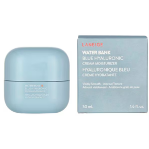 Laneige Water Bank blauwe hyaluronzuur vochtinbrengende crème in pot en doosje, 50 ml voor een gladde huid.