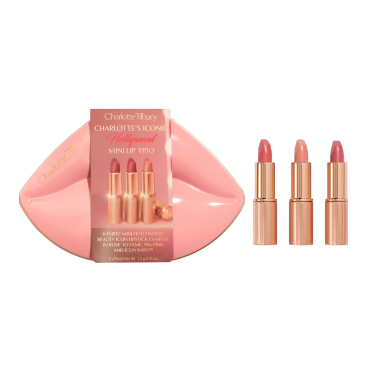Charlotte Tilbury Hollywood Mini Lip Trio set met drie lippenstiften in roze verpakkingen. Perfect voor glamoureuze looks.