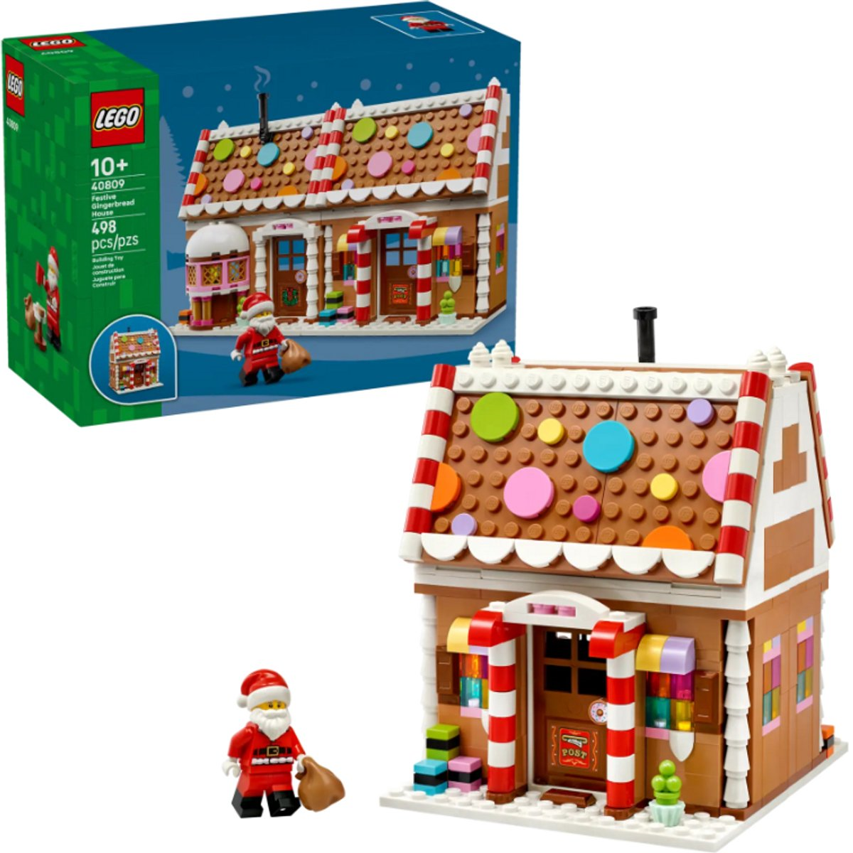 Lego peperkoekhuis met kerstman figuur en kleurrijke details, inclusief doos. Set voor 10+ jaar, 498 stuks.