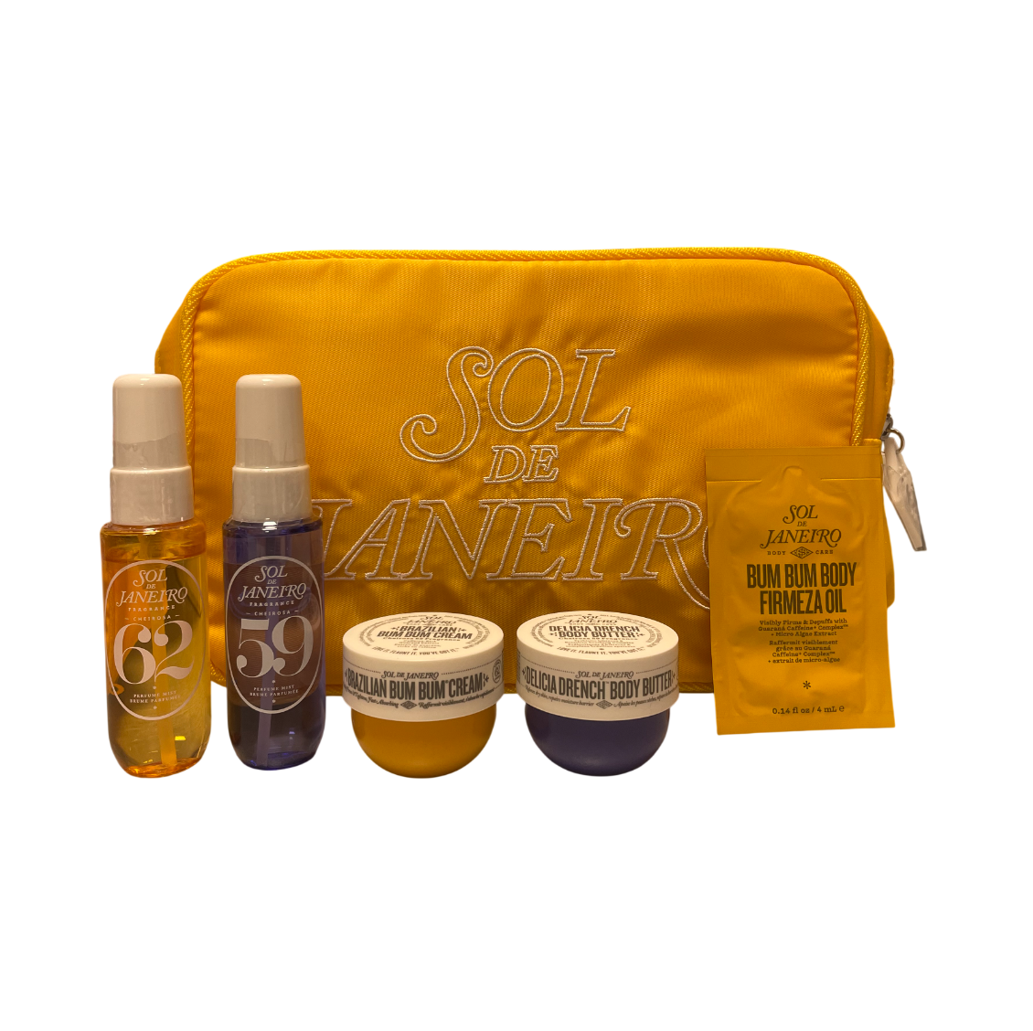 Sol de Janeiro reisset met Bum Bum Cream, body butter, olie en spray in een gele tas. Perfect voor onderweg en thuisverzorging.