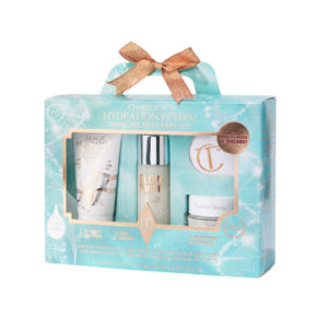 Hydration skincare ontdekkingsset met crème, toner en vochtinbrengende producten in een blauwe giftbox met strik.