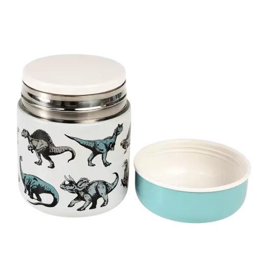 Thermosbeker met dinosaurussen en blauwe deksel, ideaal voor warme en koude dranken onderweg.