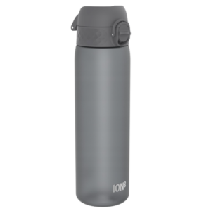 Grijze herbruikbare waterfles met lekvrije draaidop, ideaal voor sport en dagelijks gebruik.