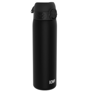 Zwarte herbruikbare waterfles met handige dop, perfect voor sport en reizen.