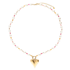 Parelkraag met gouden hartvormige hanger, versierd met kleurrijke kralen. Perfecte elegante accessoire.