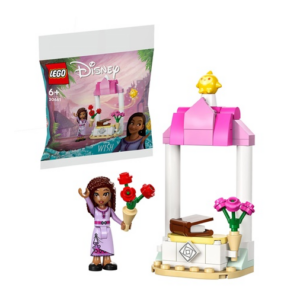 LEGO Disney set met roze prieel en poppetje met bloemen, geschikt voor kinderen vanaf 6 jaar.