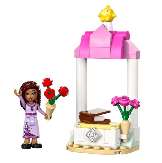 LEGO minifiguur met bloemen bij roze en witte kiosk.