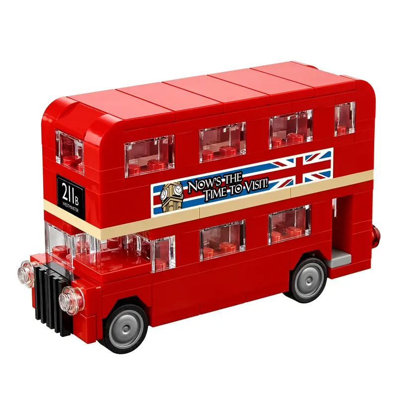 LEGO rode dubbeldekker bus met Britse vlag en tekst: Now's the time to visit!