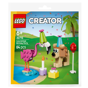 Lego Creator 30715 set: Dierenverjaardagsfeestje met flamingo, hond, ballonnen, kaarsen en cadeaus in levendige kleuren.