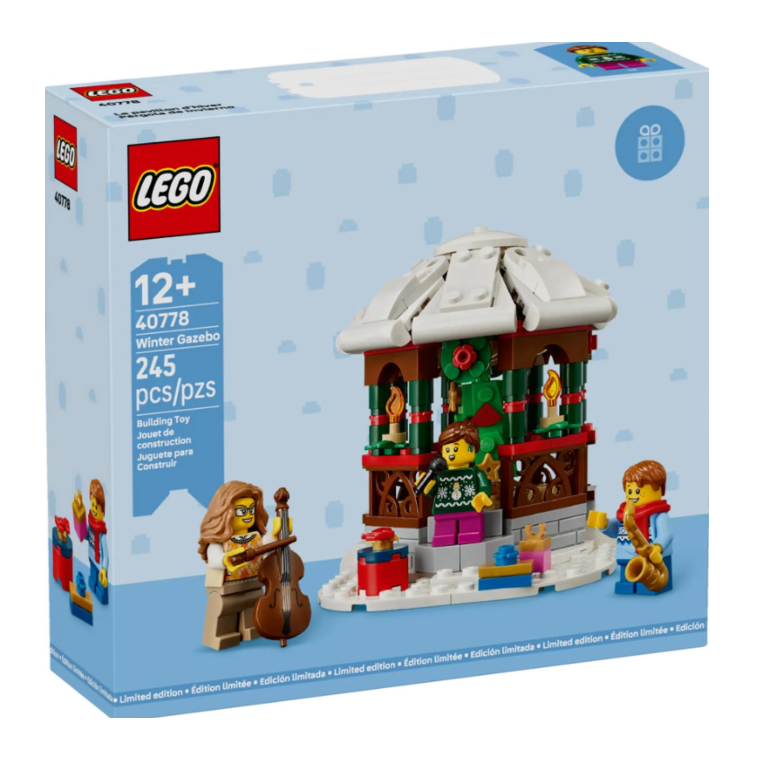 LEGO 40778 Winter Gazebo bouwset voor 12+, 245 stukken, kerstthema, inclusief muzikale minifiguren en cadeaus.