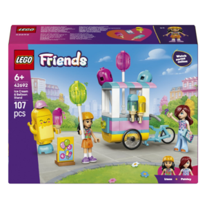 LEGO Friends ijs- en ballonkar speelset voor kinderen van 6 jaar en ouder, inclusief minipoppetjes en kleurrijke accessoires.
