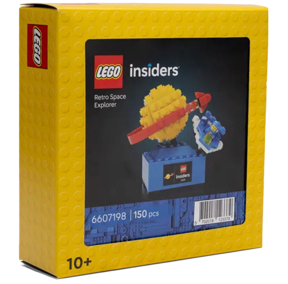 LEGO Insiders Retro Space Explorer bouwset in doos, 150 stukken, geel en blauw ontwerp voor 10 jaar en ouder.