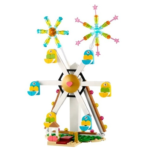 LEGO reuzenrad met feestelijke stervormige lichtjes en gekleurde gondels, speelgoed plezier voor kinderen.