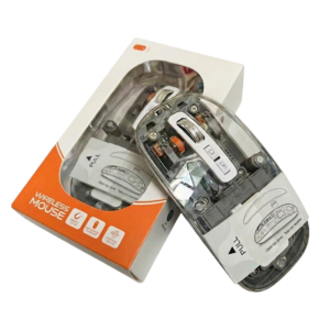 Transparante draadloze muis in verpakking, ideaal voor stijlvol en efficiënt computeren thuis of op kantoor.